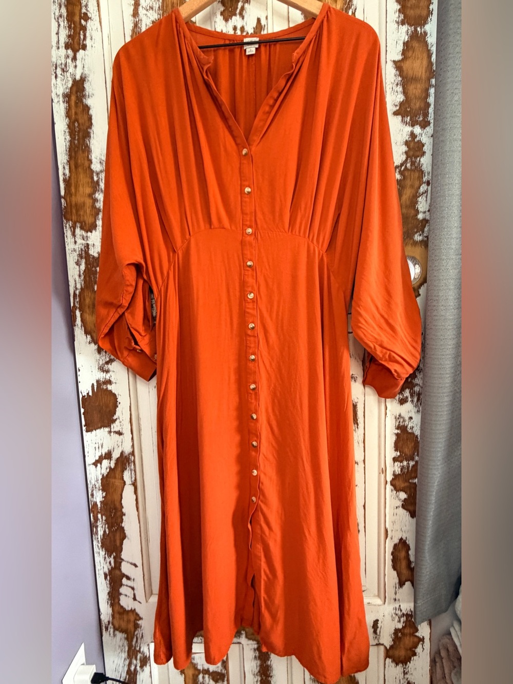 LOFT Beach V-Neck Button Front Midi Dress Long Sleeve Orange Size M
